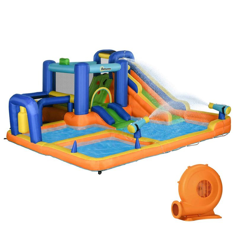 Outsunny 7 in 1 Water Slide with Slide, Pool, Climbing Wall, Water Cannon, Basketball Hoop, Boxing Post, Football Stand for 3-8 Years Old Kids