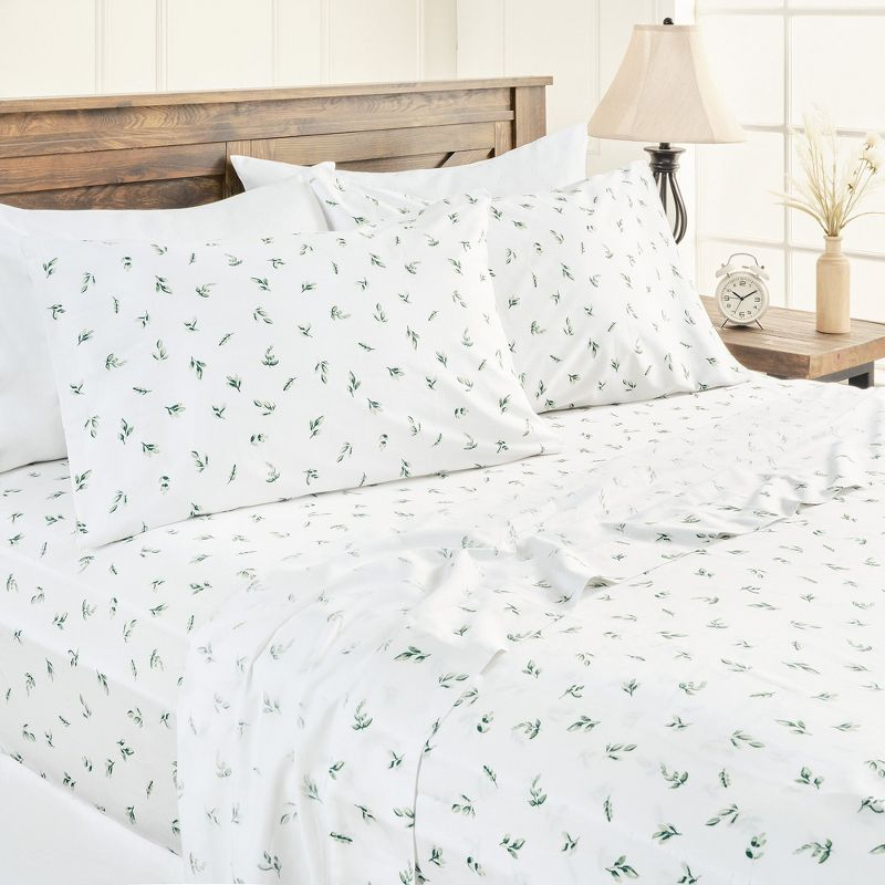Elegant Cotton 100% Organic Cotton Printed Sheet Set - 4-Piece Set - Green Leaves, King Size