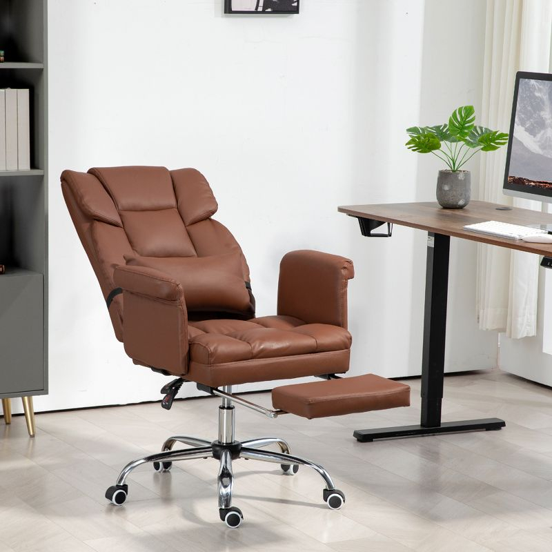 HOMCOM Executive Office Chair with Footrest and Lumbar Support, PU Leather Office Desk Chair, Ergonomic, Reclining and Swivel Chair, Brown