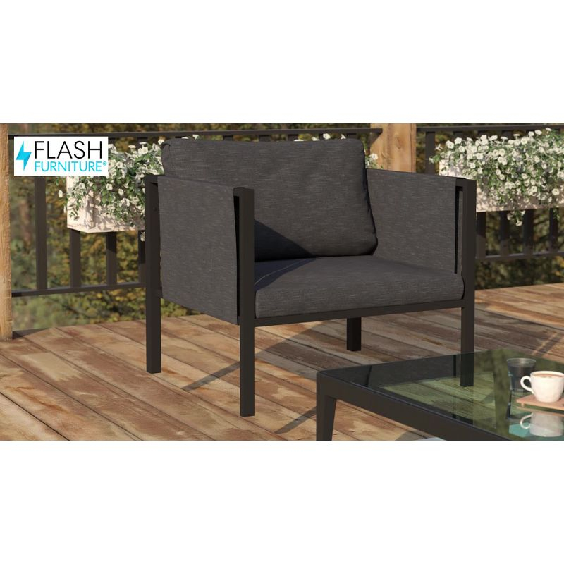 Flash Furniture Lea Indoor/Outdoor Patio Chair with Cushions - Modern Steel Framed Chair with Storage Pockets, Black with Beige Cushions
