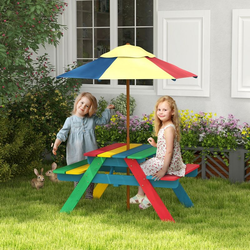 Outsunny Kids Picnic Table Set with Parasol, Wooden Outdoor Bench Set with Seating for 2 Children 3-6 Years Old, for Patio, Backyard, Indoor Use