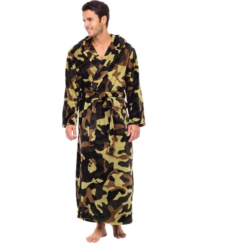 ADR Mens Robe, Plush Fleece Hooded Bathrobe Men, Men's Bathrobes, Big and Tall Bath Robe for Men Green Camouflage Medium