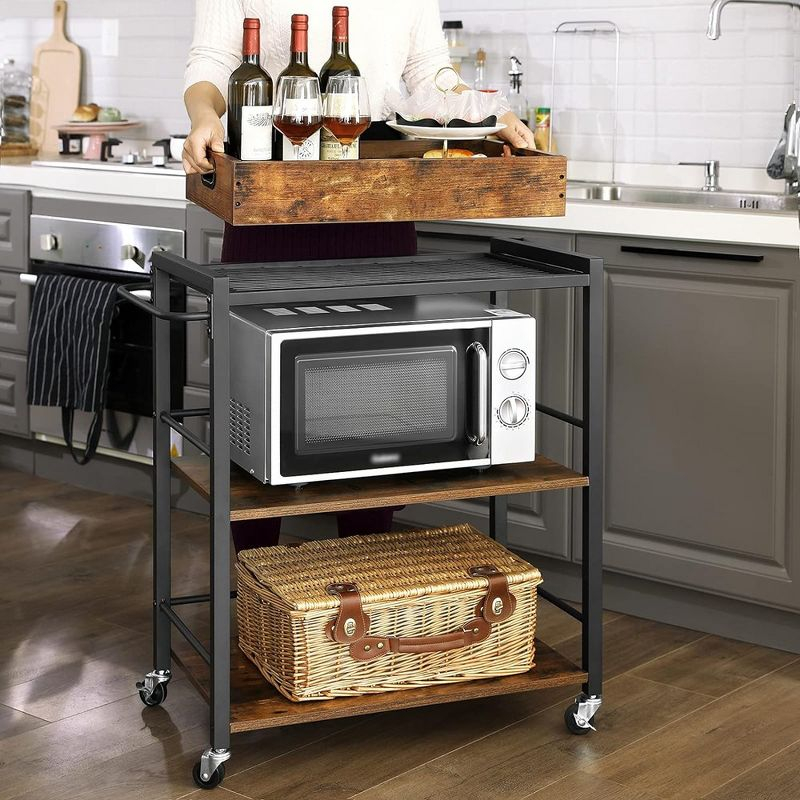 VASAGLE Kitchen Serving Cart with Removable Tray, 3-Tier Kitchen Utility Cart on Wheels with Storage, with Brakes, Rustic Brown and Black
