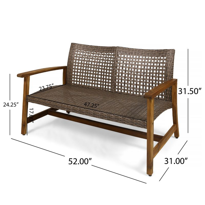 GDFStudio Jean Outdoor Acacia Wood and Wicker Loveseat, Brown/Gray