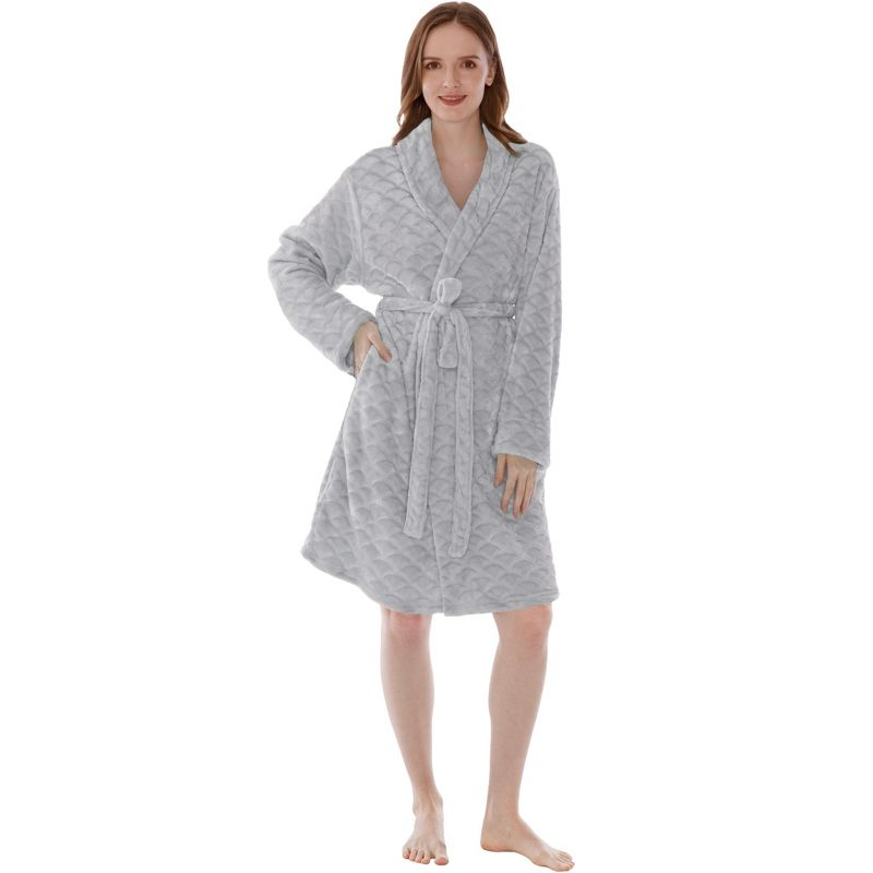 PAVILIA Short Robes for Women, Plush Soft Bathrobe Womens Lightweight, Fluffy Fuzzy Robe Knee Length, Shower Spa (Light Grey, Small-Medium)