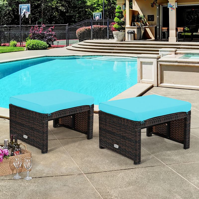 Tangkula 2 PCS Outdoor Wicker Ottoman Patio Rattan Furniture Metal Footrest Seat Square Footstool with Cushion Turquoise