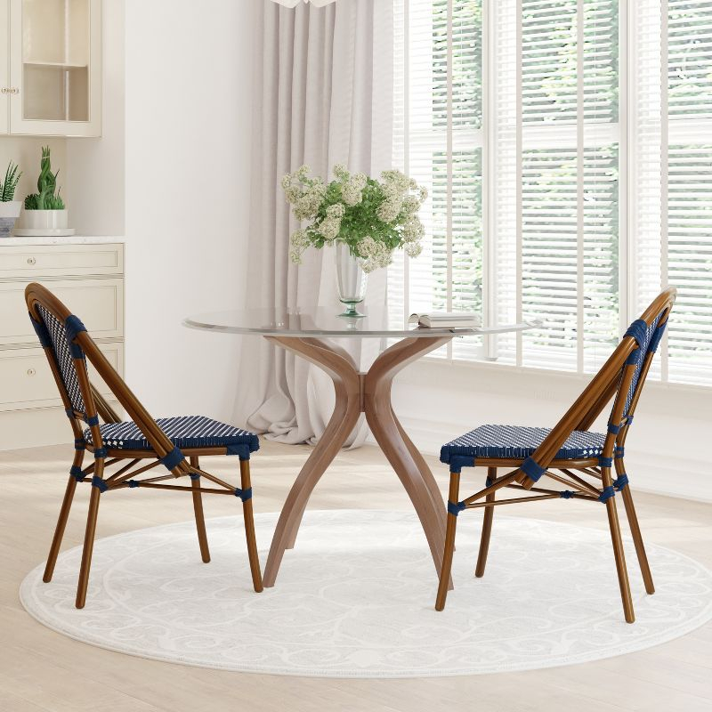 Emma & Oliver Soie Set of Two Stacking Bistro Chairs with Navy and White PE Seat and Back and Bamboo Finished Aluminum Frame for Indoor/Outdoor Use