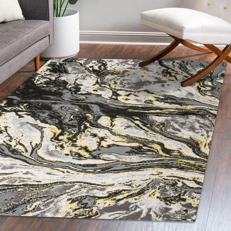 3'x5' Swirl Marbled Abstract, Black/Yellow - JONATHAN Y