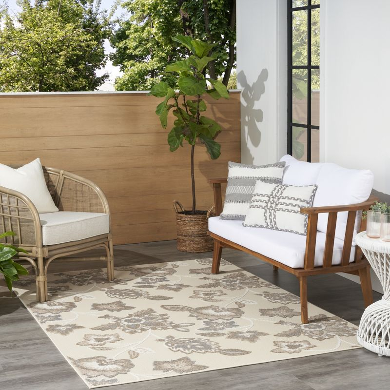 Nourison Aloha Floral Farmhouse Flatweave High-Low Indoor Outdoor Area Rug Beige 7' x 10'