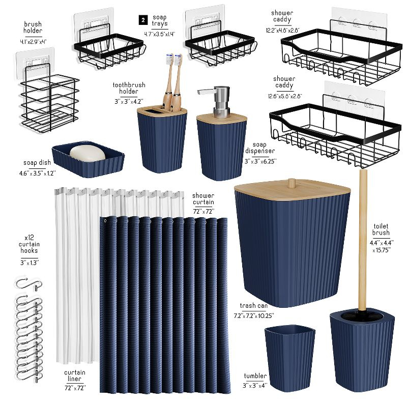 Shower Caddy and Bathroom Accessories Set - 25PC Blue Bathroom Accessory Set with Black Shower Shelf Caddy Set