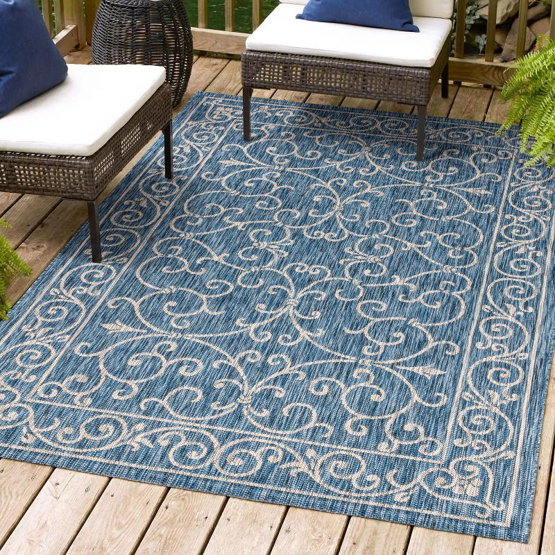 9' X 12' Charleston Vintage Filigree Textured Weave Indoor/Outdoor Area Rug, Navy/Gray - JONATHAN Y