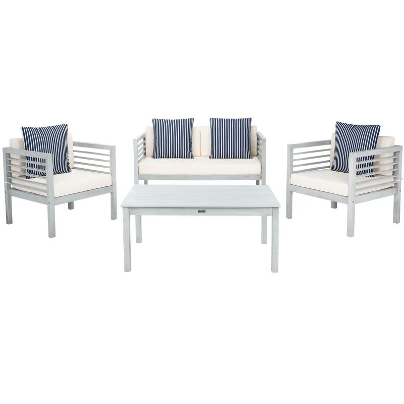 Alda 4 Piece Set - Indoor/Outdoor - PAT7033 - Grey/Beige + Thin Stripe Pillow - Safavieh