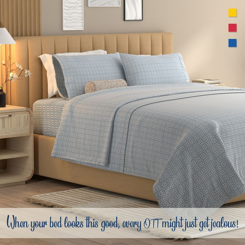 Color Sense 100% Cotton Percale Cool & Crisp 4-Piece Sheet Set King Greek Key Blue