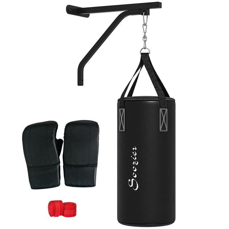 Soozier Heavy Bag Wall Mount Set with Unfilled Punching Bag, Bracket, Boxing Gloves, Hand Wraps, and 360° Swivel Hook