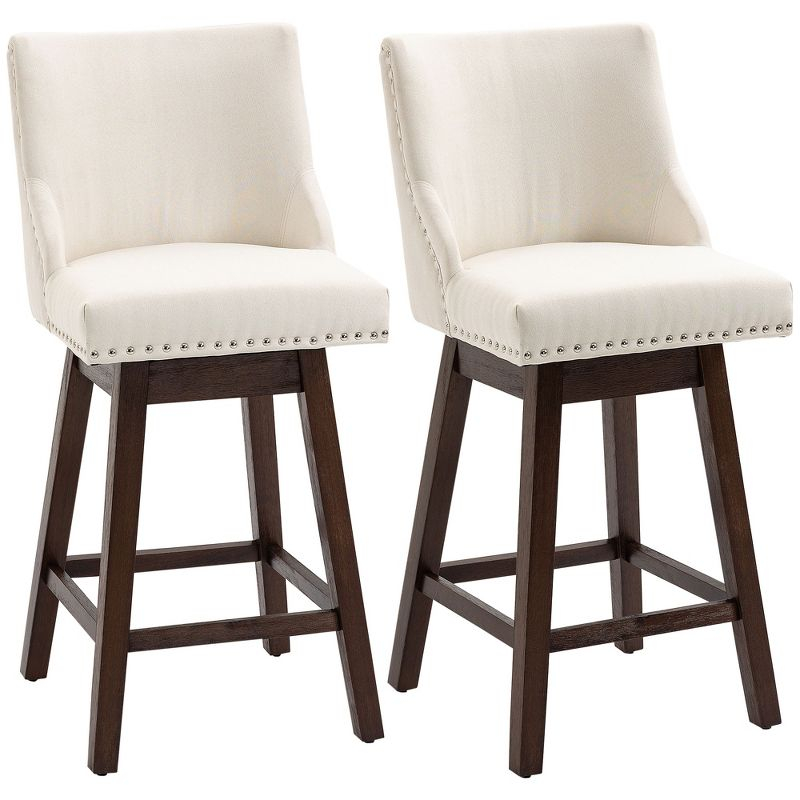 HOMCOM 28" Swivel Bar Height Bar Stools Set of 2, Armless Upholstered Barstools Chairs with Nailhead Trim and Wood Legs, Cream White