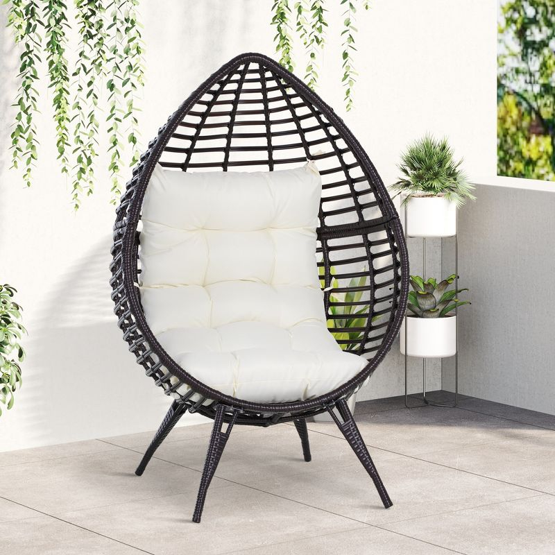 Outsunny Wicker Egg Chair, Oversized Indoor Outdoor Boho Lounge, Hand-Woven Water-Safe PE Rattan Furniture with Cushion, Beige