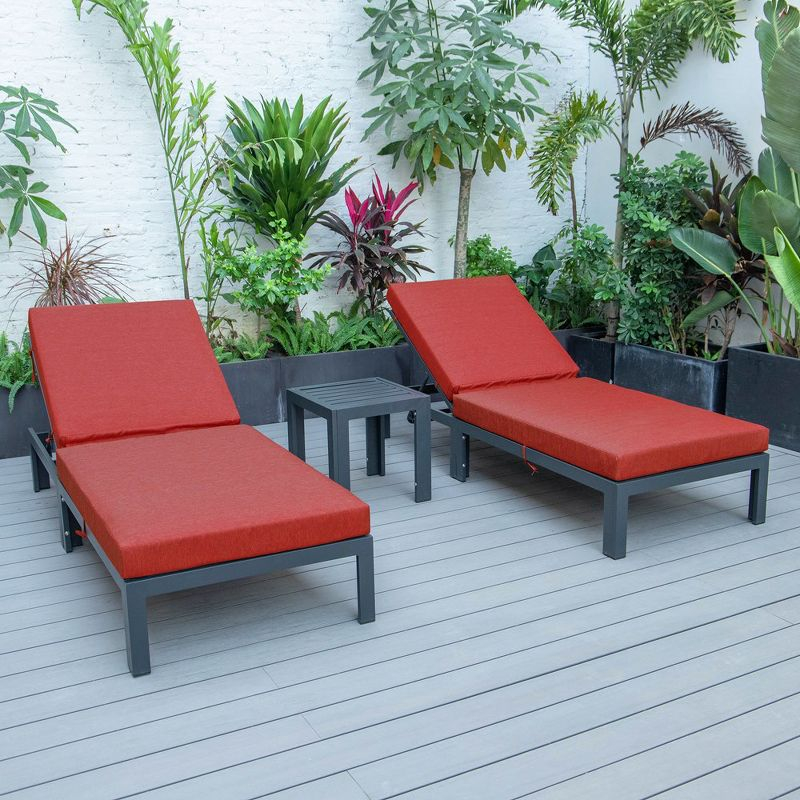 LeisureMod Chelsea Modern Outdoor Chaise Lounge Chair Set with Side Table, Black Aluminum – Set of 2 in Red