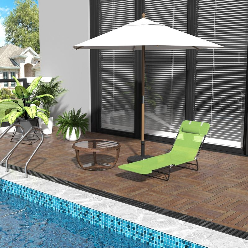 Outsunny Foldable Outdoor Chaise Lounge Chair, 5-Level Reclining Camping Tanning Chair with Breathable Mesh Fabric and Headrest, Green