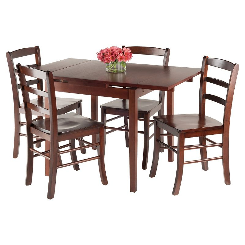 5pc Pulman Dining Set with Ladder Back Chairs Wood/Walnut - Winsome: Mid-Century Modern, Square Table, 4 Stools