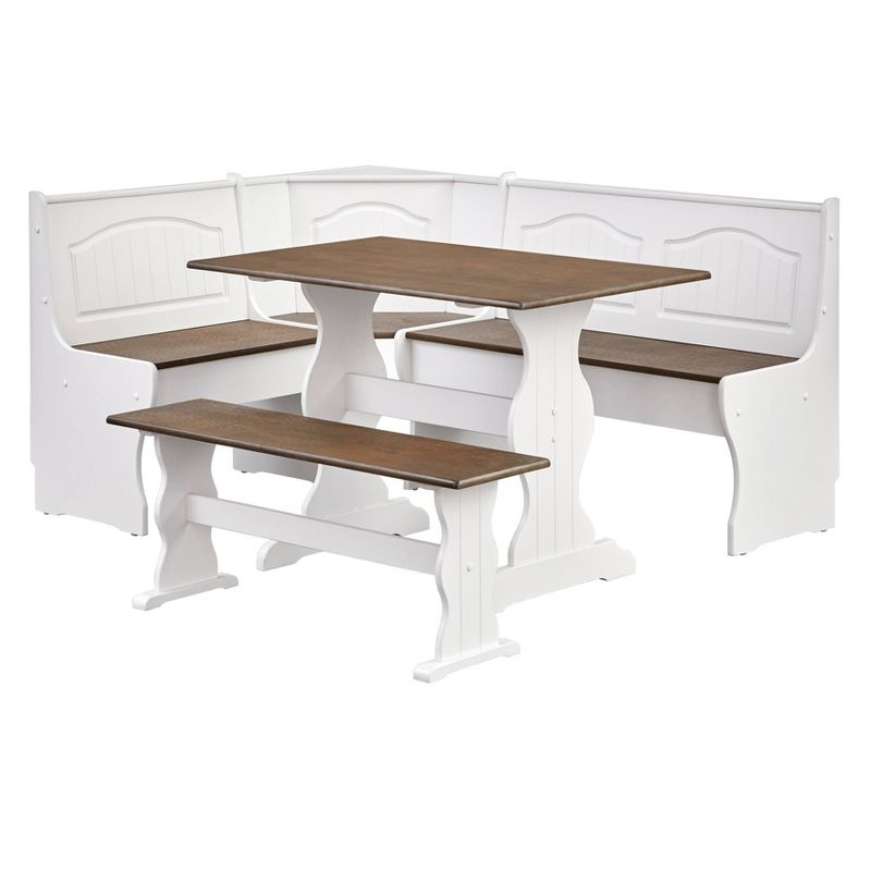 Buylateral 3pc Washington Farmhouse Solid Wood Breakfast Nook Dining Set White/Dark Walnut: L-Shaped, Solid Pine, Storage Bench