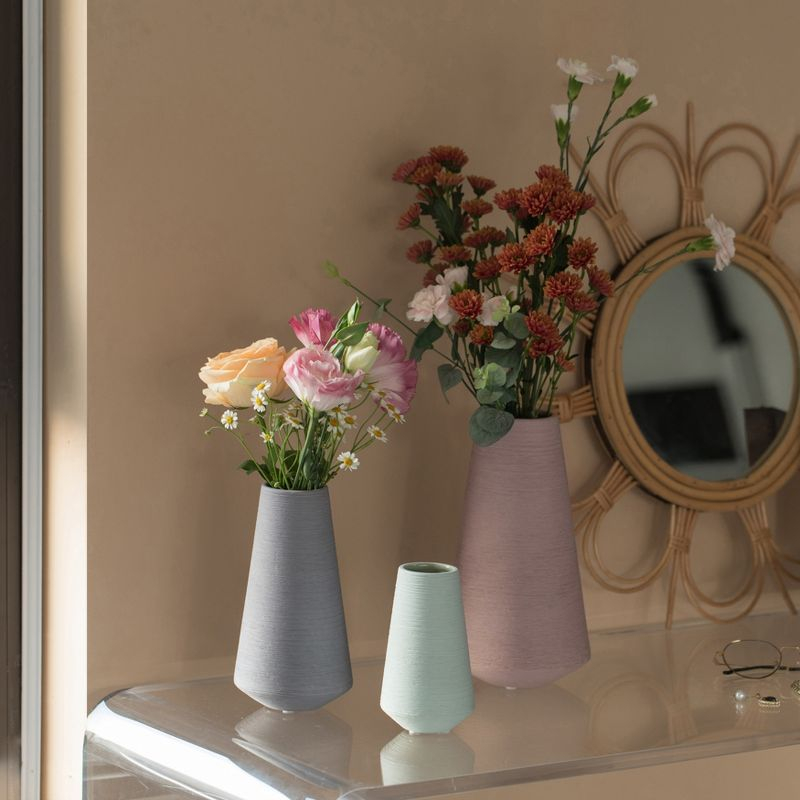 Uniquewise Decorative Ceramic Round Cone Shape Centerpiece Table Vase Set of 3, Pink Large, Gray Medium, and Green Small