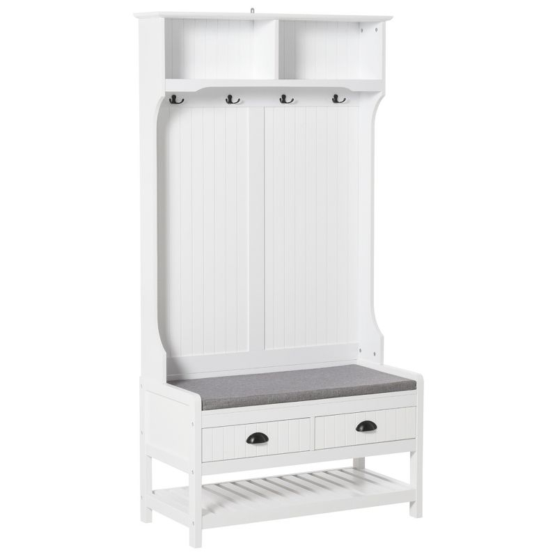 HOMCOM Coat Rack and Bench Hall Tree Organizer with 4 Hooks, 2 Drawers with Padded Seat Cushions for Entryway, White