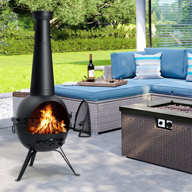 SINGLYFIRE 55 Inch High Fire Pit Fireplace with Chiminea Cover Rust-Free Iron Black