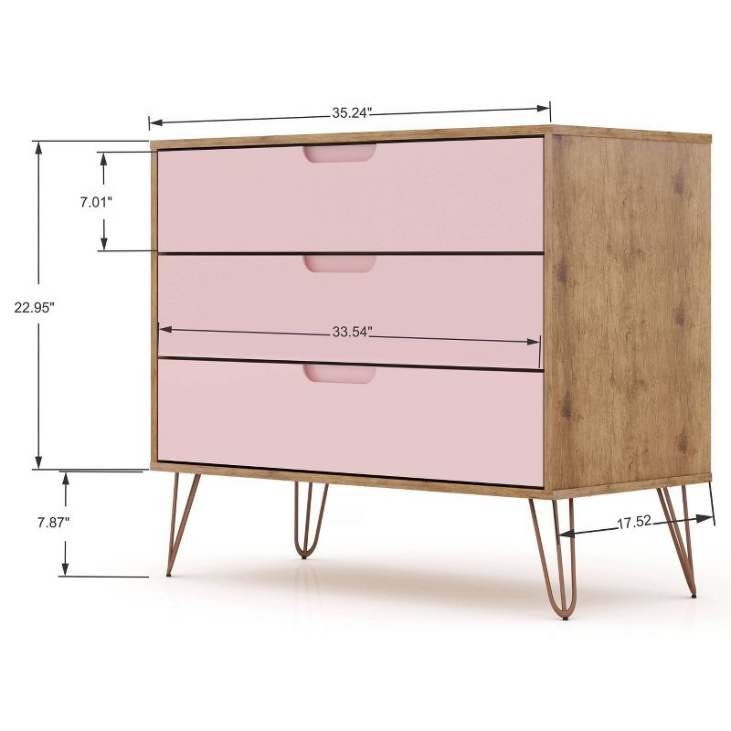 Set of 2 Rockefeller 3 Drawer Dresser Nature/Rose Pink - Manhattan Comfort: MDF Bedroom Storage, Easy-Glide, 6 Drawers