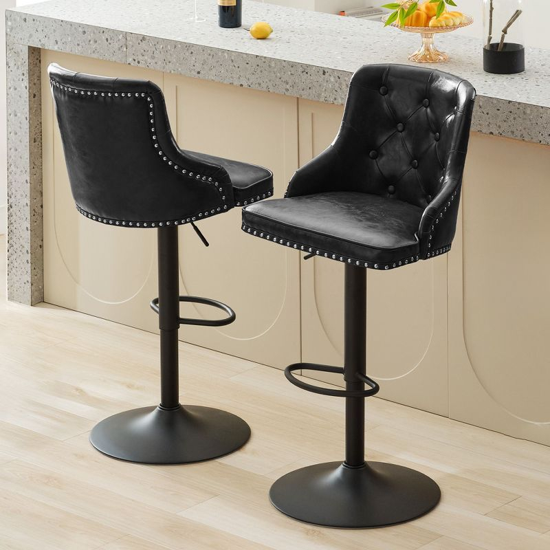 Bar Stools Set of 2,Adjustable Swivel Barstools, Faux Leather Bar Chairs,Upholstered Counter Height with High Backrest for Kitchen Island, Black