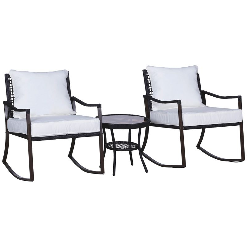 Outsunny 3-Piece Bistro Set Outdoor Wicker Furniture Set with Rattan Rocking Chair, Side Table for Patio Backyard Garden and Balcony