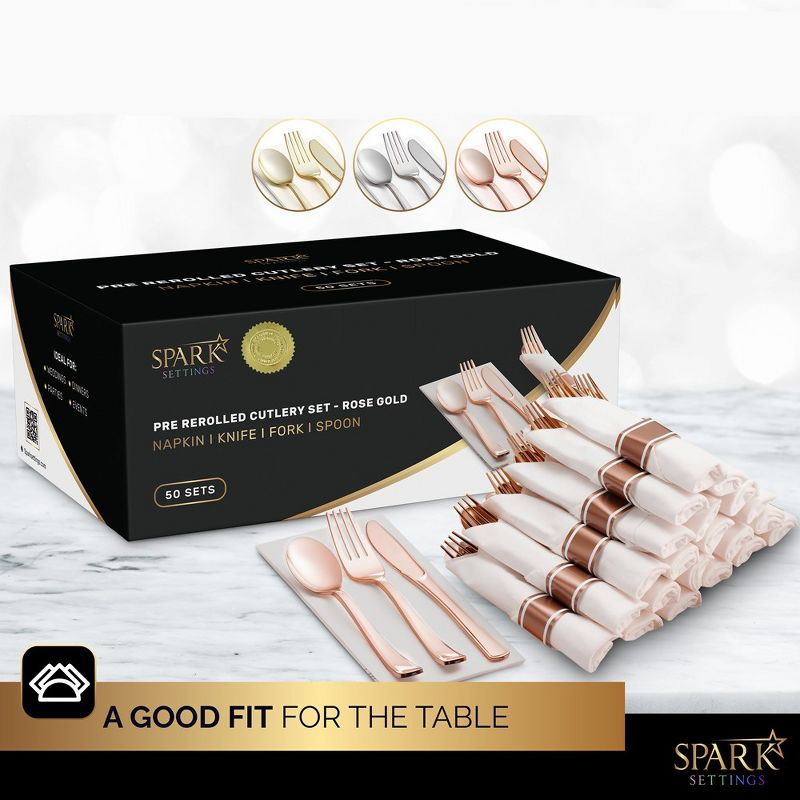 SparkSettings Rose Gold Plastic Silverware, 50 Pre Rolled Napkin and Cutlery Set