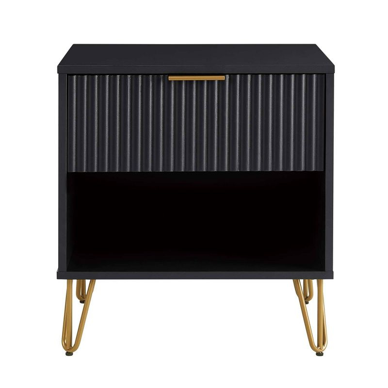Manhattan Comfort Dumbo Nightstand with Drawer Black: Modern Design, Splayed Metal Legs, Soft Close Storage