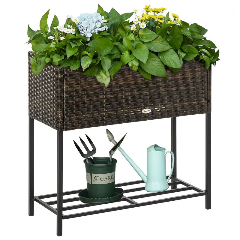 Outsunny Outdoor Flower Stand with legs, Rattan Wicker Look, Tool Storage Shelf, Portable Design for Herbs, Vegetables, Flowers, Brown