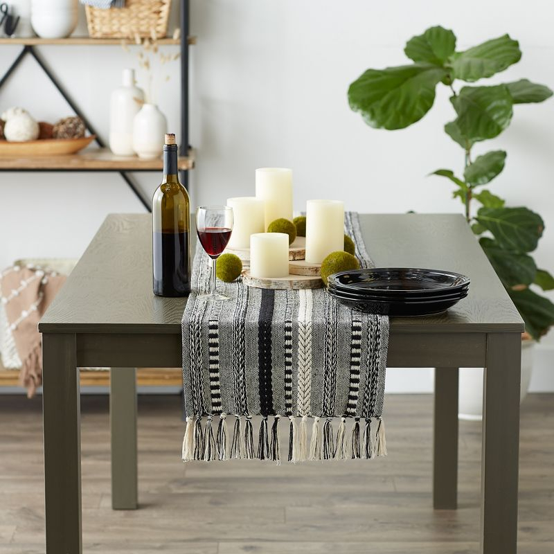 Design Imports  Braided Stripe Jacquard Fringe Table Runner, 15X108", Black