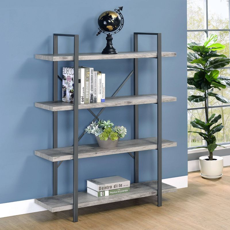 55" Cole 4 Shelf Bookcase with Frame Gray Driftwood/Gunmetal - Coaster