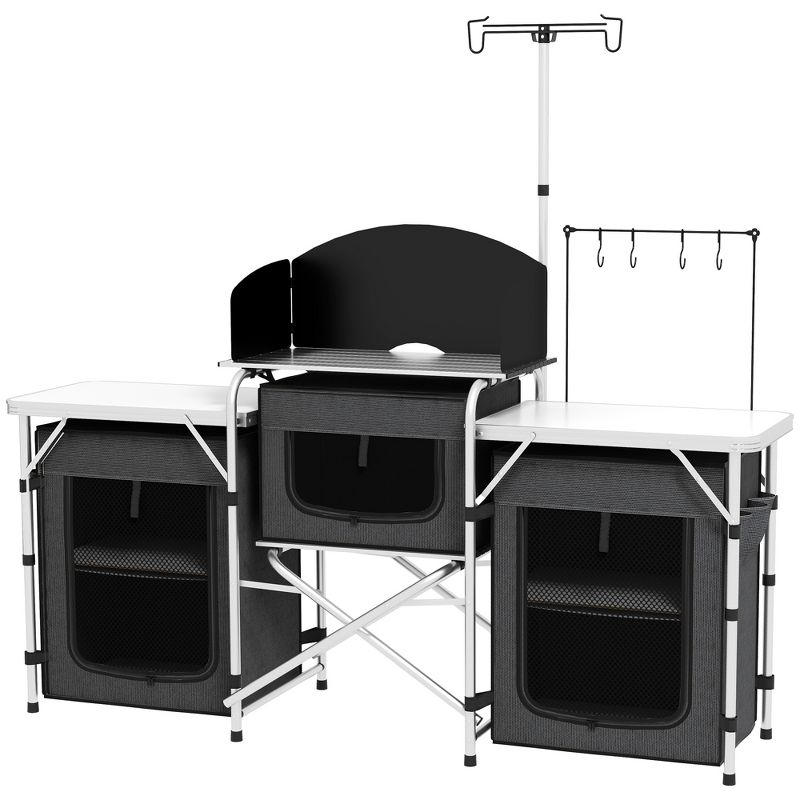 Outsunny Camping Kitchen Table, Portable Folding Camp Kitchen, Aluminum Cook Station with 3 Fabric Cupboards, Windshield, Carrying Bag, Black
