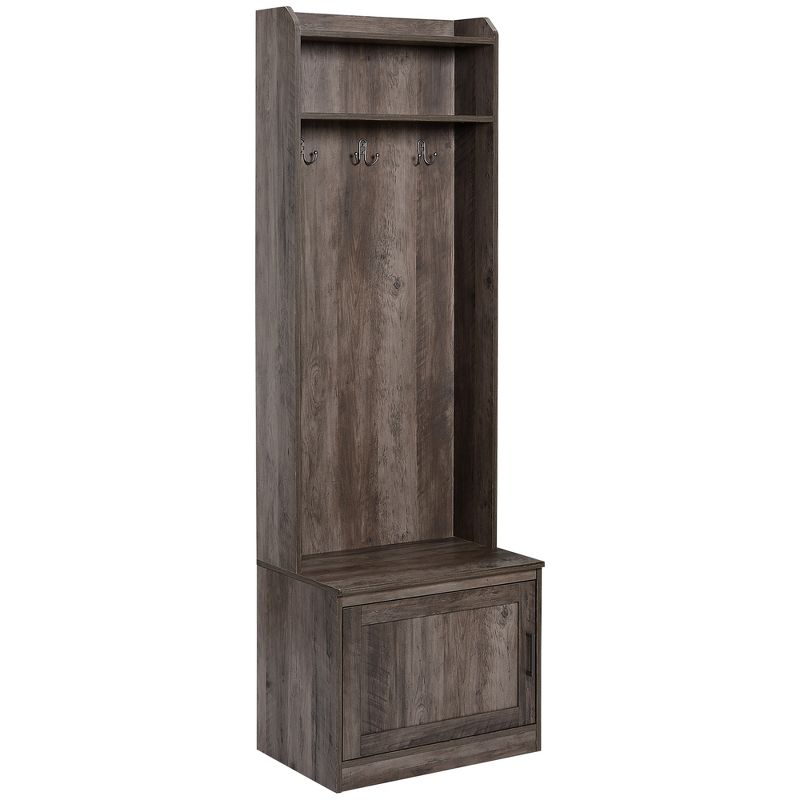 HOMCOM Rustic Hall Tree with Shoe Storage Bench, Entryway Bench with Coat Rack, Accent Coat Tree with Storage Shelves for Hallway, Mudroom, Brown