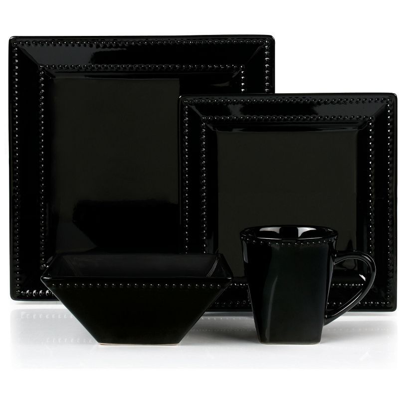 Lorren Home Trends 16 Piece Square Beaded Stoneware Dinnerware set, service for 4, Black