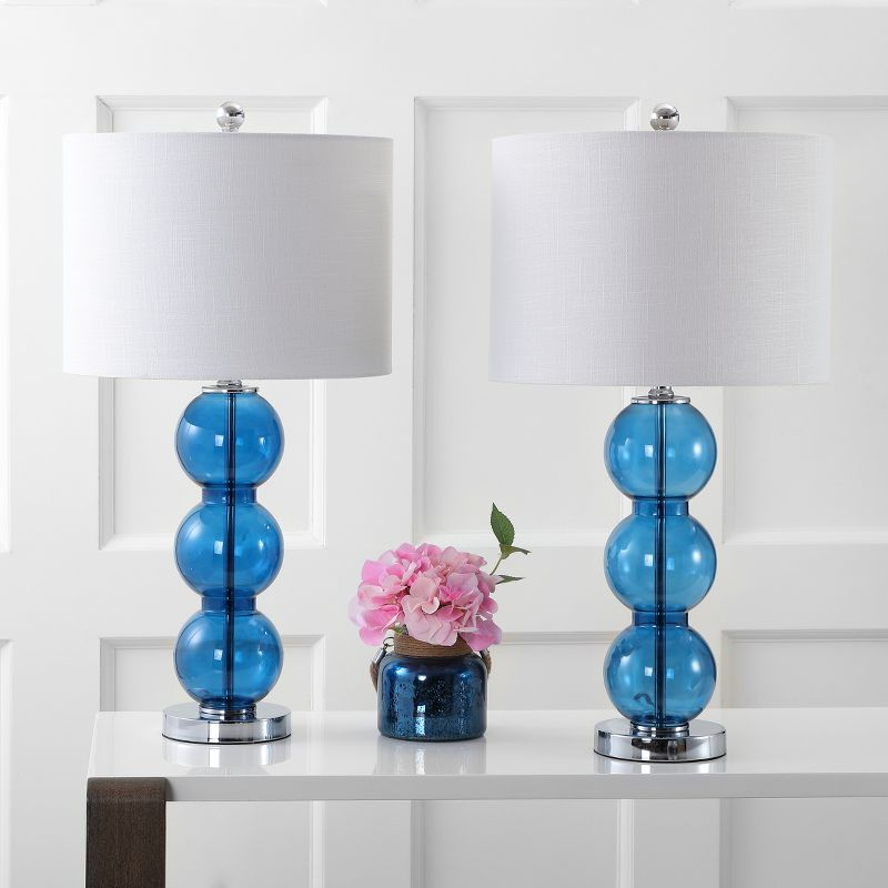 JONATHAN Y Bella 27" Glass Triple-Sphere LED Table Lamp, Cobalt Blue/Chrome (Set of 2)