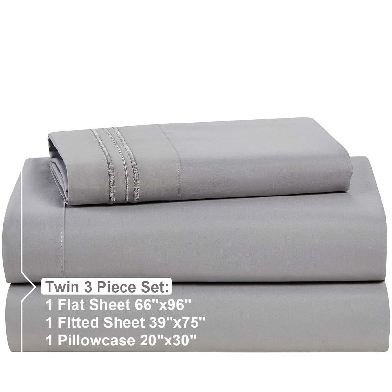 Clara Clark Bed Sheets, Premier 1800 Series 4 Piece Bed Sheet Set, Deep Pocket Luxury Soft Bedding Sheets & Pillowcases, Twin, Light Gray