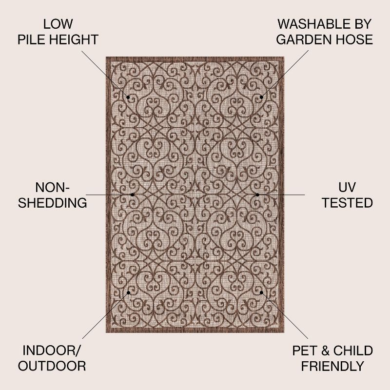 5' Square Madrid Vintage Filigree Textured Weave Indoor/Outdoor Area Rug, Taupe/Espresso - JONATHAN Y