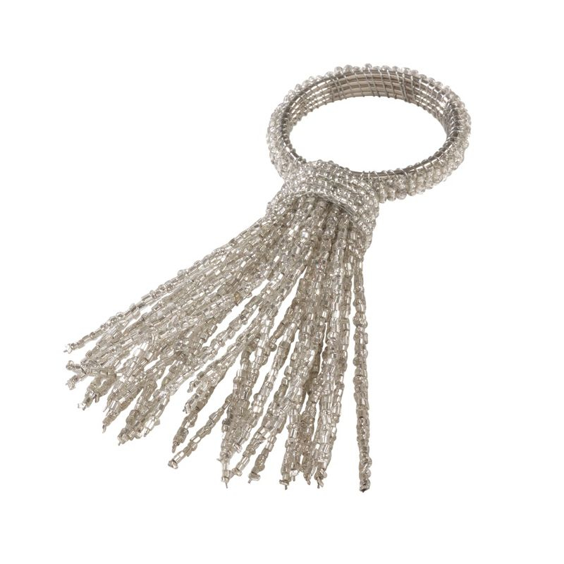 Saro Lifestyle Beaded Spray Design Wedding Special Event Napkin Ring (Set of 4), Silver