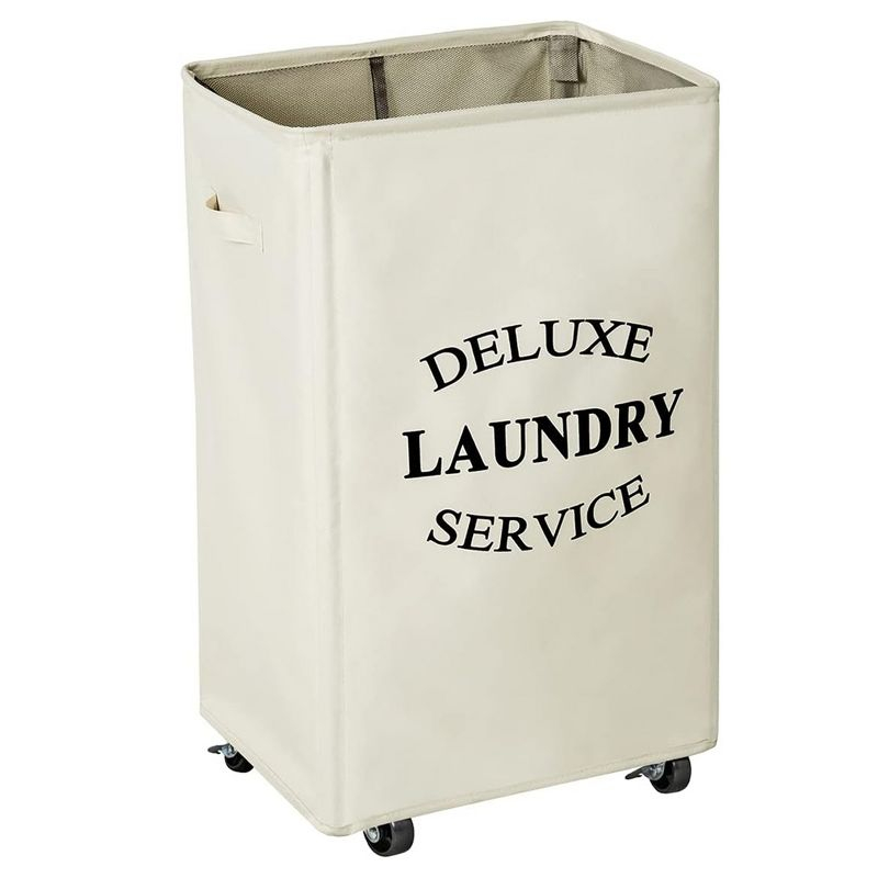 WOWLIVE 90L Foldable Rectangular Deluxe Laundry Service Rolling Clothing Hamper Basket with Lockable Wheels for Laundry or Storage, Beige
