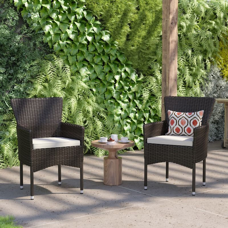 Flash Furniture Maxim Modern Espresso Wicker Patio Armchairs for Deck or Backyard, Fade and Weather-Resistant Frames and Cream Cushions-Set of 2