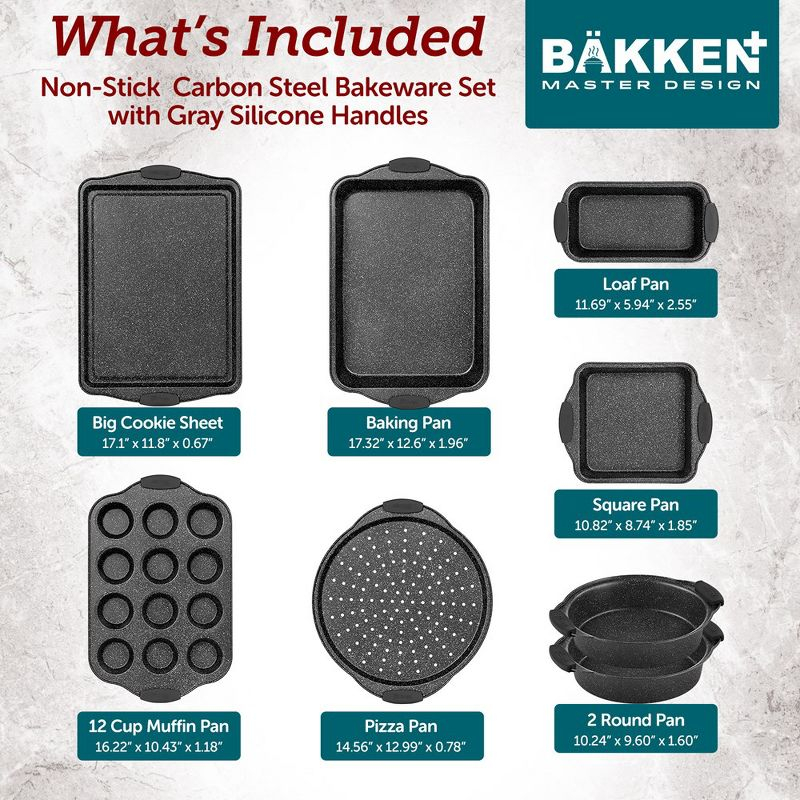 BAKKEN 8-Piece Kitchen Oven Baking Pans Set - Deluxe Nonstick Gray Marble Coating, Professional Grade Carbon Steel Bakeware with Silicone Handles