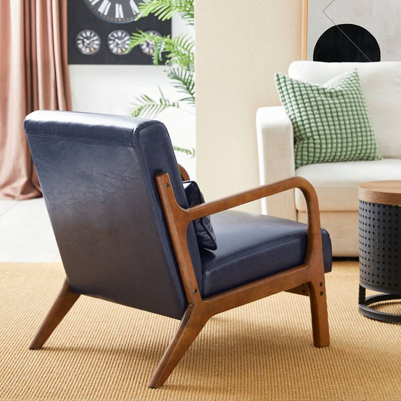 Mid-Century Modern Leatherette Arm Accent Chair Walnut Rubberwood Frame Navy Blue - Glitzhome: PU Upholstery, Tapered Legs, Office/Home Use