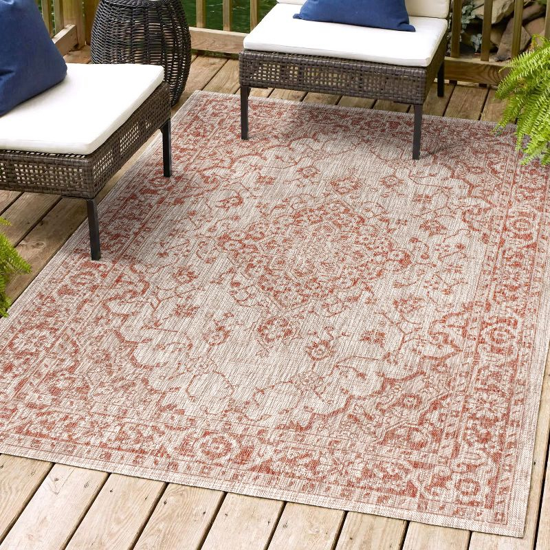 4'x6' Rozetta Boho Medallion Textured Weave Indoor/Outdoor Area Rug, Red/Taupe - JONATHAN Y