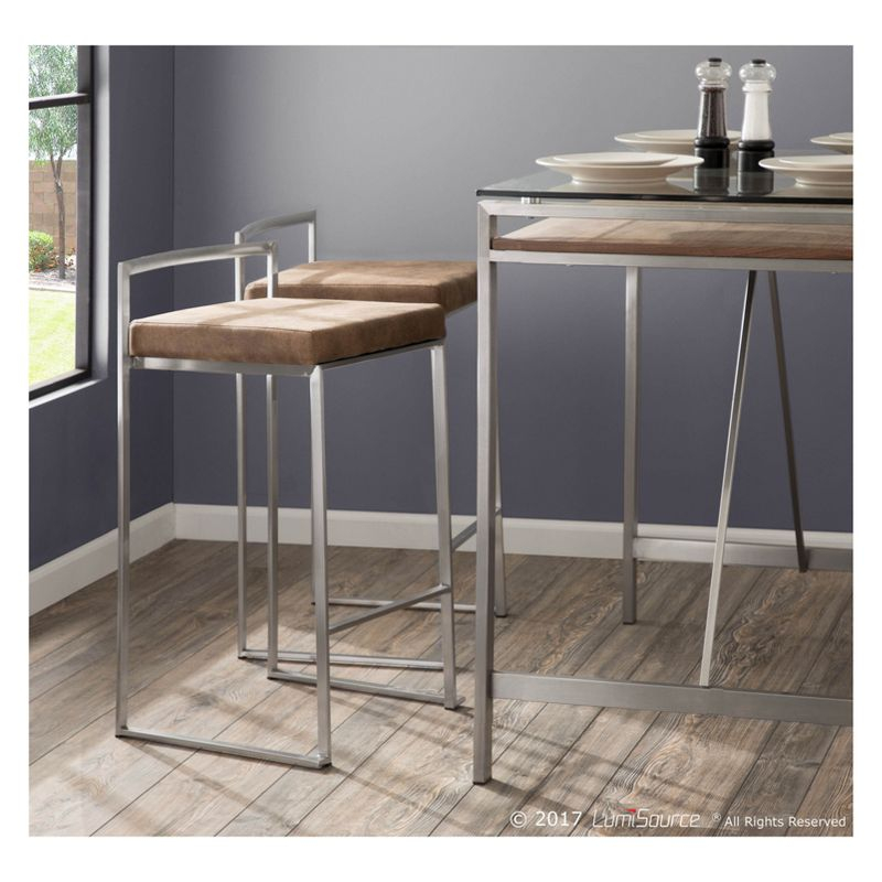 LumiSource Set of 2 26" Fuji Contemporary Stackable Counter Height Barstool Stainless Steel with Brown Cowboy Fabric Cushion: Upholstered