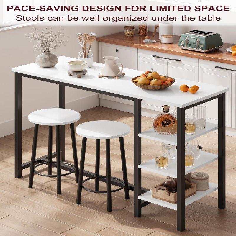 Bar Table with 2 stools, Counter Height Table with 3 Storage Shelves, 3 Piece Dining Table Set for Small Space, Apartment, Kitchen, White&Black