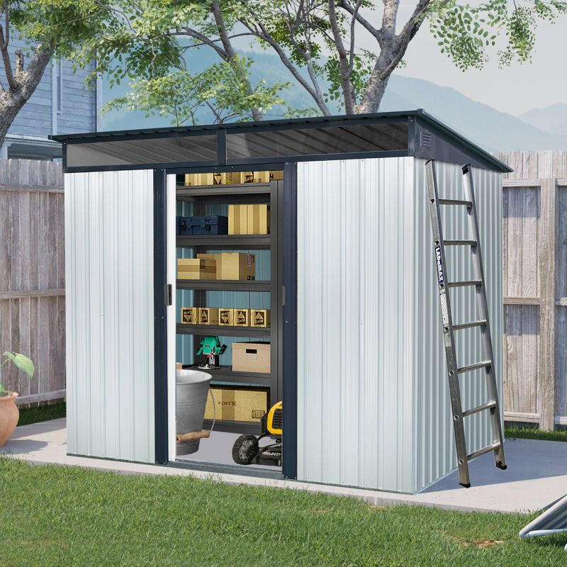 93.75"8ft x 6ft Outdoor Metal Storage with Lockable Sliding Doors and Transparent plate for Garden, Lawn (White and Black)